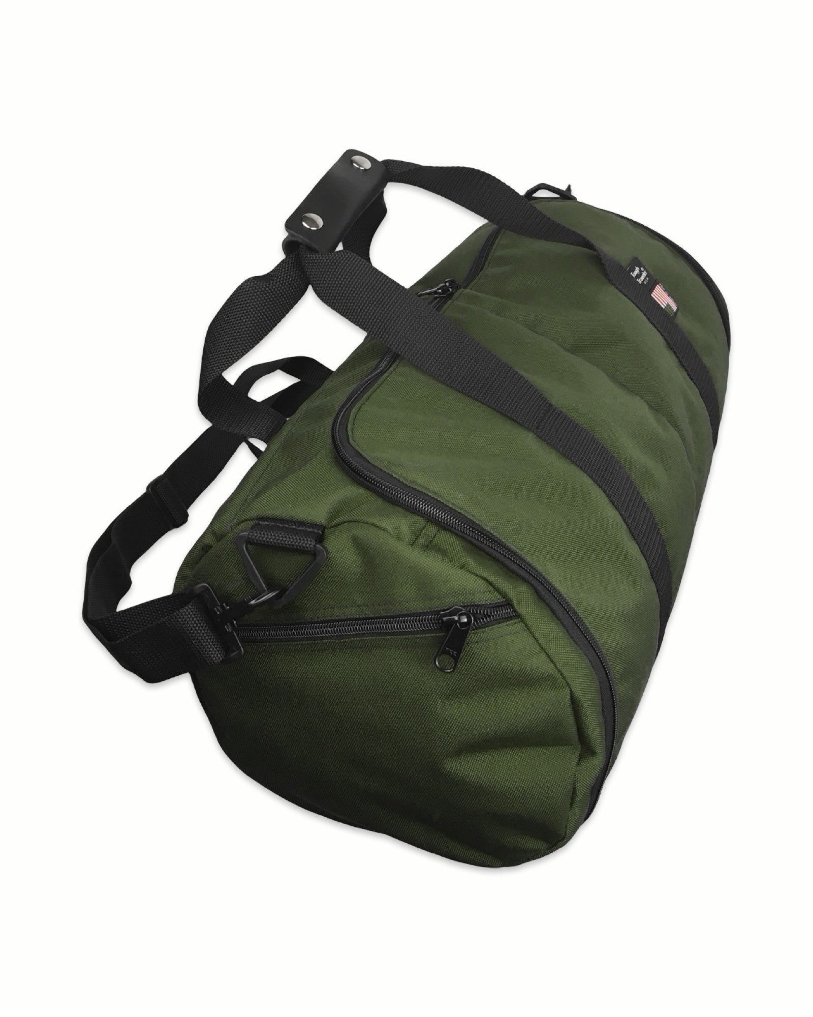 Made in USA garment bag that rolls up into a duffel Green